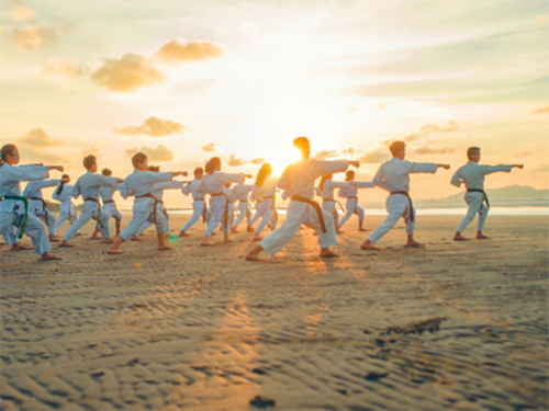 A group of people doing tai chi on a beach  icon