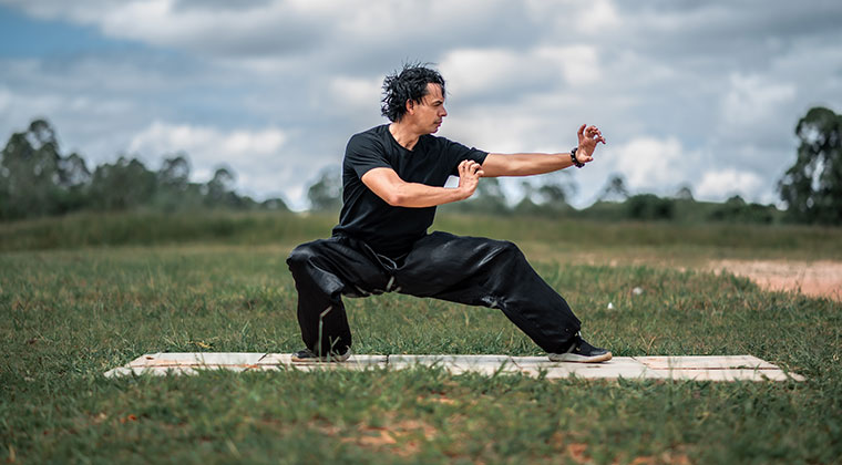 a man doing tai chi on a mat in a field